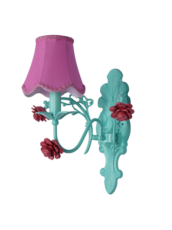 Green Wall Lamp with Pink Cast Aluminium Flowers and Pink Fabric Shade