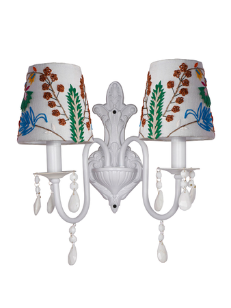 Blooming Elegance: White Double Wall Sconce with Crystals & Floral Embroidery - Neoclassical Chic