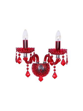 Elegant Red Glass 2-Light Candelabra Wall Sconce with S-Shaped Arms and Red Pendeloque Glass Crystals Product 