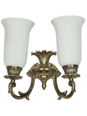 Traditional Gold Antique 14 Inch Aluminium Double-Light Wall Lamp With White Translucent Glass Shades