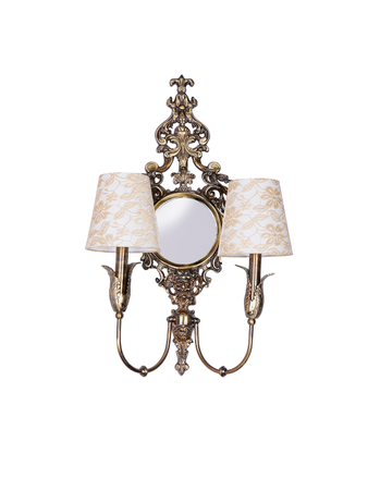 Opulent Antique Brass Wall Lamp with Mirror and Lace Shades