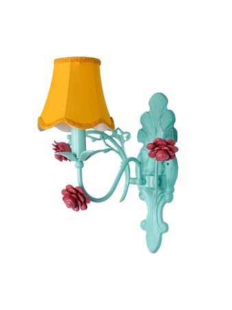 Green Single-Light Wall Lamp with Pink Cast Aluminium Flowers and Yellow Scallop Fabric Shade