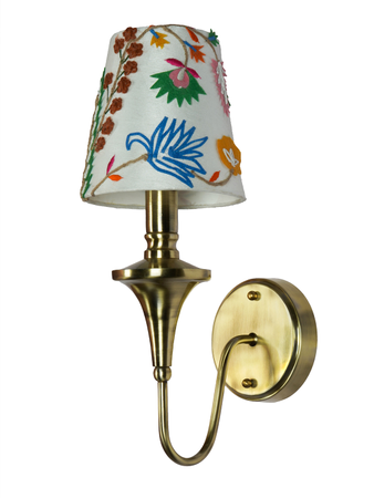 Gold Transitional 16 Inch Brass Single Wall Lamp Light With White Embroidered Fabric Shade