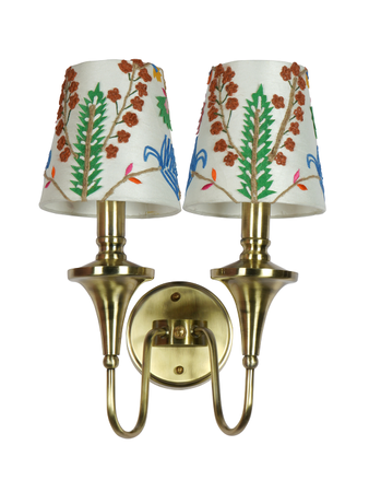 Gold Transitional 16 Inch Brass Double Wall Lamp Light With White Embroidered Fabric Shades