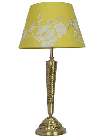 Conical Brass Table Light in Antique Finish with Floral Embroidered Yellow Tapered Fabric Shade