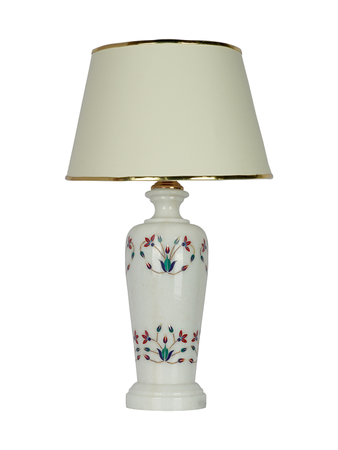 Multicolored Floral Inlay Marble Jar Table Lamp With 14inch Off White Tapered Fabric Shade
