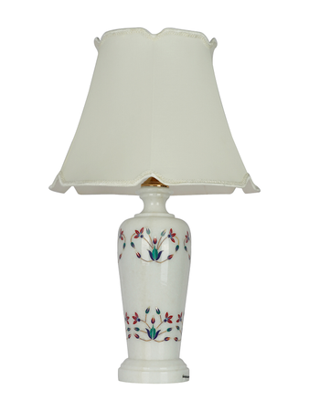 Multicolored Floral Inlay Marble Jar Table Lamp With 16inch Off White Scalloped Borders Fabric Shade