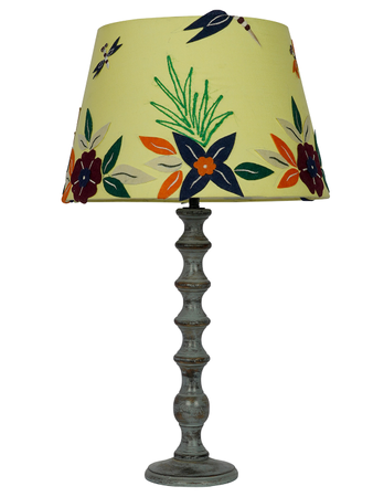 Contemporary English Distressed Grey Wooden Table Lamp with Yellow Floral Embroidered Fabric Shade