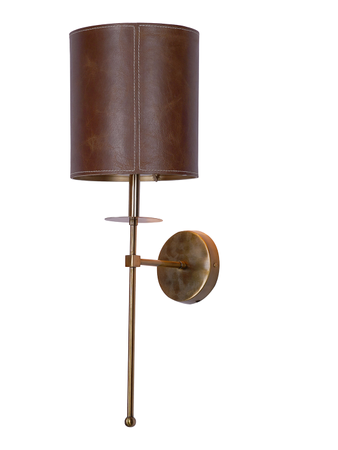 Modern Long Arm Antique Gold Wall Light with Cylindrical Brown Leather Shade