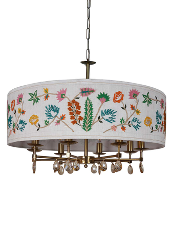 Round 8 Light Crystal Chandelier With Multicolor Embroidered Drum Fabric shade