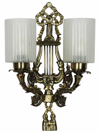 Gold Dual Lights Antique Lyre Aluminium Wall Sconce With Vertical Striped Cylindrical Cut Glass Shades