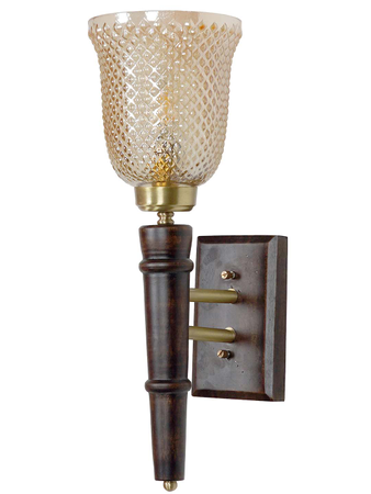 Transitional Wooden Single Light Wall Sconce with Golden Textured Glass Lamp shade