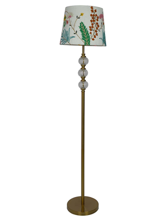 Transitional 3 stacked Glass Balls Metal Floor Lamp in satin Brass Finish and Botanical Embroidered White Tapered Fabric Shade