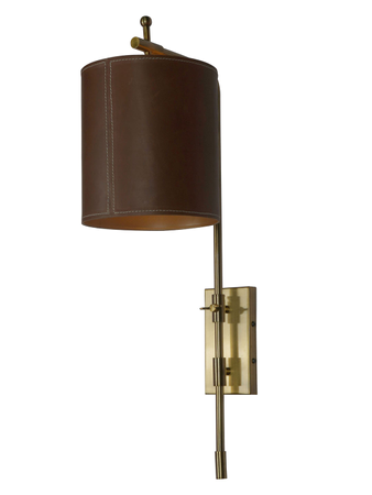 Antique Brass Finish Long Steel Adjustable Gold Wall Light With Cylindrical Brown Leather Shade