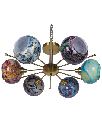 Luxurious Satellite-Like 6 Light Brass Chandelier with Multicolor Glass Shades