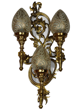 Gold Aluminium Triple-light Classic Wall Sconce With Hand-painted Oval Glass Shade