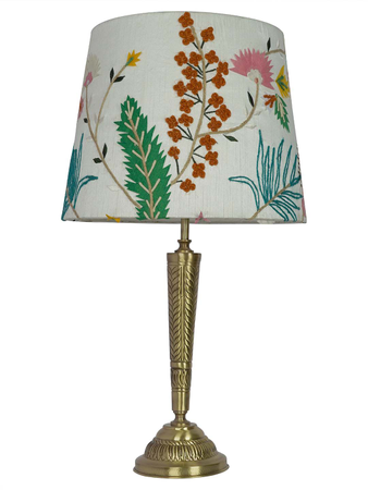 Conical Brass Table Light in Antique Finish with Botanical Embroidered White Tapered Fabric Shade