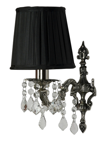 Silver Cast Brass & Crystals Single Light Wall Lamp With Pleated Black Fabric Shades