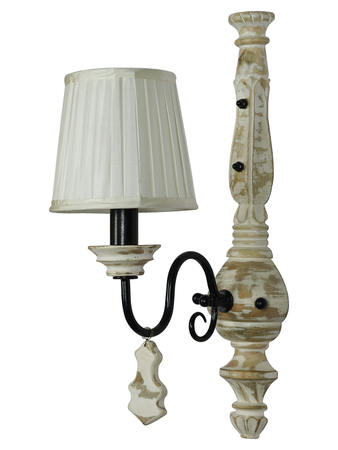 French White Distressed Wooden Single Lights Rustic Candelabra Wall Sconce with Pleated Fabric Shades