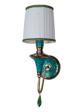 Tibetan Nepalese Single Funnel Wall Sconce with Pleated Shade and Green Stonework