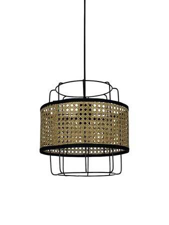 Rattan Cane Weaving over Black Wire Cage 12 Inch Cylindrical Ceiling Hanging Light
