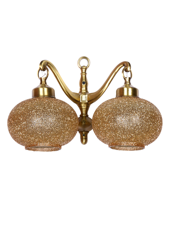 Antique Cast Brass Downward Double-Light Wall Lamp With Golden Beaded Glass Globe Shades