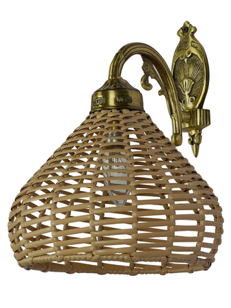 Faux Wicker Dome Shade & Cast Brass Antique Single Wall Lamp