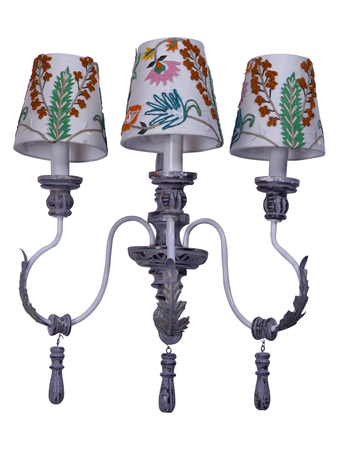 Parisian Distressed Grey 3 Light Wooden Wall Sconce with Dainty Embroidered Shades