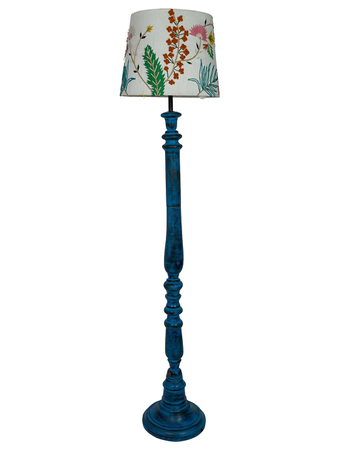 French Farmhouse Style Distressed Blue Wooden Floor Lamp with White Embroidered Fabric Shade
