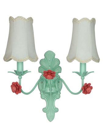 Green 19 Inch Transitional Beach House Dual-Light Steel Wall Lamp With White Scallop Bell Fabric Shades