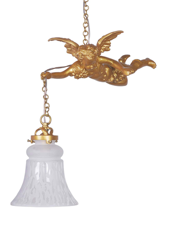 Cast Aluminium Gilded Cherub Classic Hanging Light with Embossed Bell Glass Shade