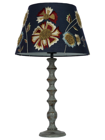 Distressed Grey Parisian Wooden Table Lamp With Blue Embroidered Fabric Shades