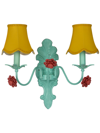 Green 12 Inch Transitional Beach House Dual-Light Steel Wall Lamp With Yellow Scallop Bell Fabric Shades