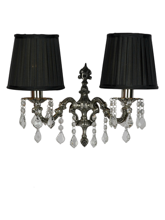 Cast Brass & Crystals Double Light Wall Lamp With Pleated Black Fabric Shades