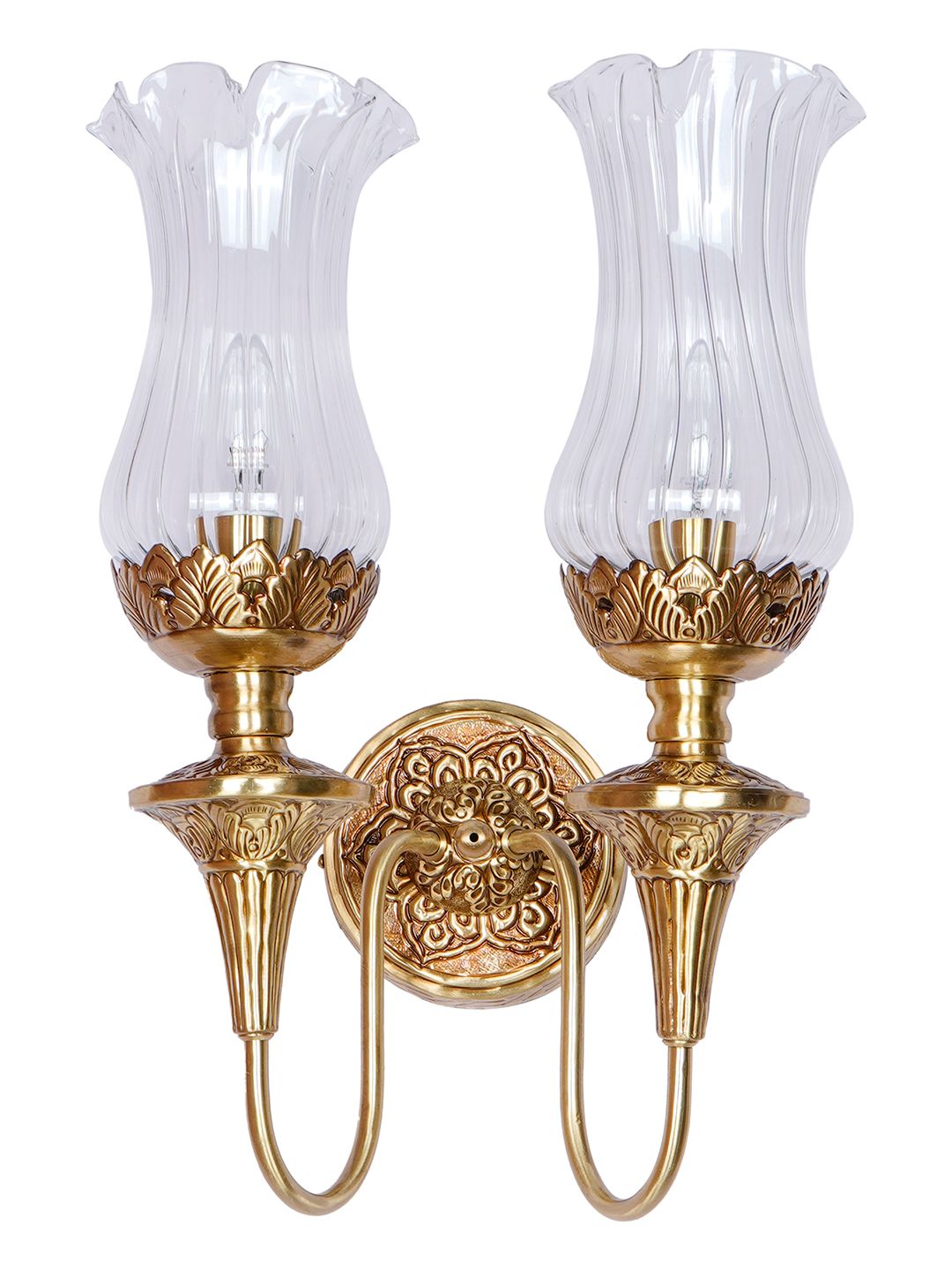 Hand-Carved Brass Wall Sconce with Fluted Glass Diffusers