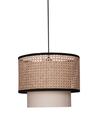 Contemporary Single Ceiling Light With Concentric Dual Cane & Fabric Drum Shades
