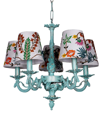 Distressed Green Cast Aluminium 5 Lights Small Chandelier with Floral Embroidery White Fabric Shades