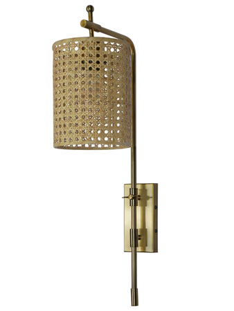 Antique Brass Finish Long Steel Adjustable Gold Wall Light With Cylindrical Rattan Cane Drum Shade