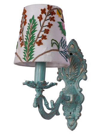 Distressed Green Cast Aluminium Small Wall Sconce with Floral Embroidery White Fabric Shade