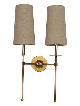 Modern Long Arms Antique Gold Double Wall Light with Beige Fabric Shades