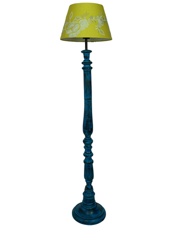 French Farmhouse Style Wooden Floor Lamp with Yellow Embroidered Fabric Shades and Distressed Blue Finish