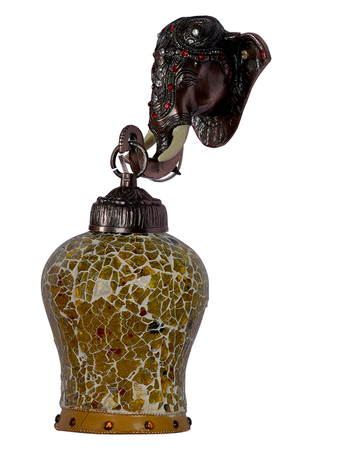 Rustic Cast Aluminium Bronze Elephant Wall Sconce with Amber Yellow Crackle Glass shade