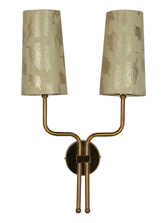 Antique Brass Finish Steel Dual Light Wall Lamp With Gold Leaf Fabric Shades