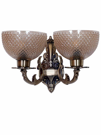 Traditional Meena Aluminium 2 Lights Bowl Shaped Wall Sconce In Antique Brass Finish & Golden Textured Glass Shade