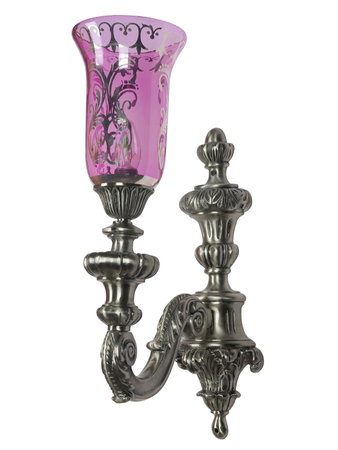 Large Antique Silver Hand-carved Single Uplight Aluminium Wall Lamp With Rose Pink Glass Shade