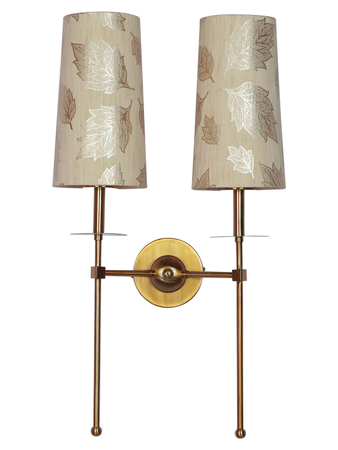 Modern Long Arms Antique Gold Double Wall Light with Gold Leaf Fabric Shades