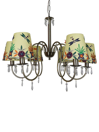 Elegant 6 Light Antique Brass Crystal Chandelier With Exquisite Embroidered Yellow Fabric Shades