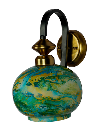 Black Gold Finish Steel Single Wall Lamp With Green Marble Glass Globe