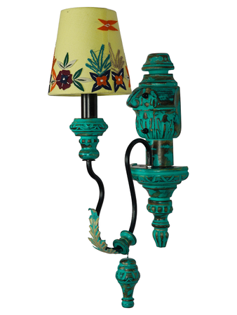 Emerald Green Distressed Wooden Single Light Lamp with 6 Inch Embroidered Yellow Shade