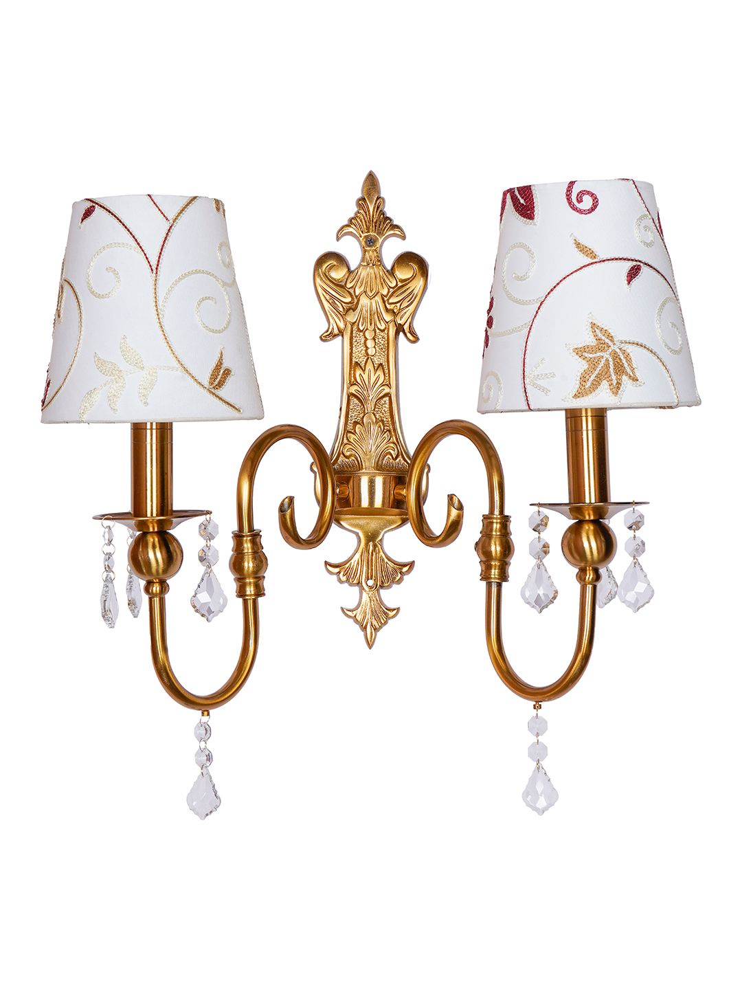 Victoria Antique Brass Double Wall Sconce with White Kashmiri Embroidered Shades